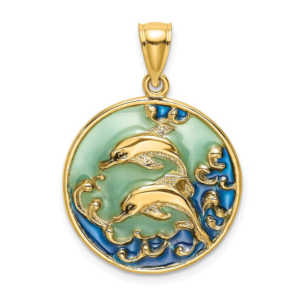 14k Yellow Gold 2-D Dolphins and Blue Stained Glass Pendant
