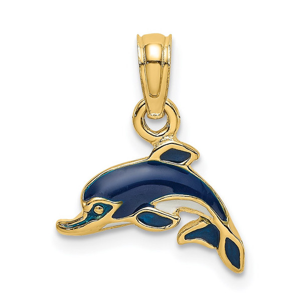 14k Yellow Gold Blue Enamel Dolphin Pendant