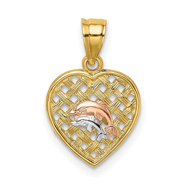 14k Yellow and Rose Gold with Rhodium Double Dolphins On Woven Heart Pendant