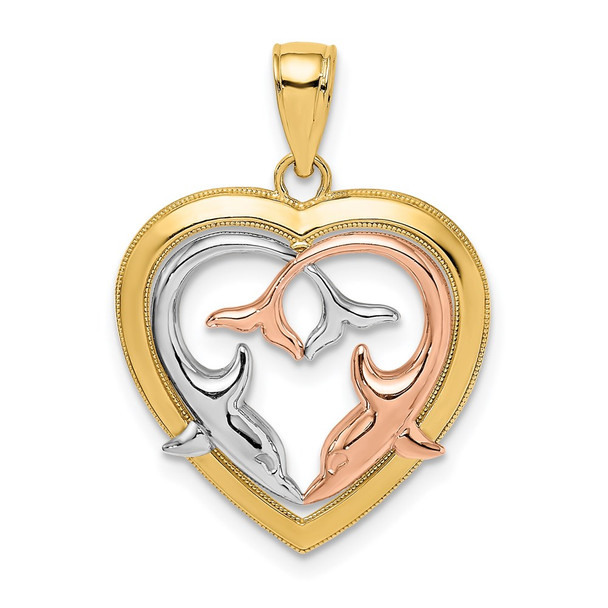 14k Yellow and Rose Gold with Rhodium Polished Dolphins In Heart Frame Pendant