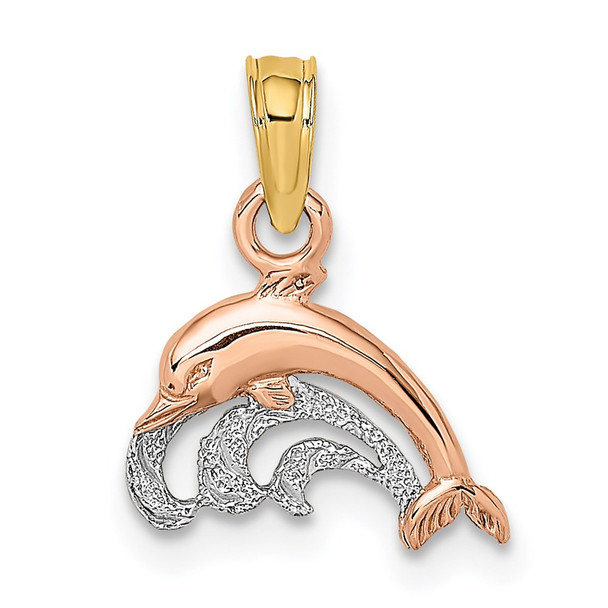 14k Rose and Yellow Gold w/ Rhodium Dolphin and Wave Pendant