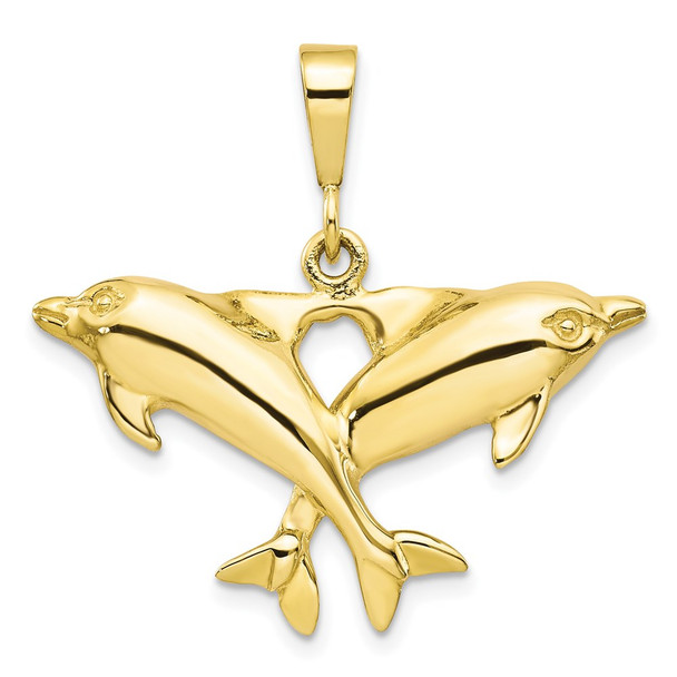 10k Yellow Gold Solid Polished Twin Dolphins Pendant