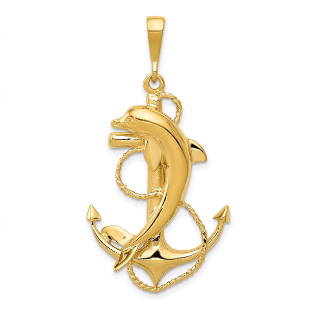 14k Yellow Gold Solid Polished Anchor w/Dolphin Pendant