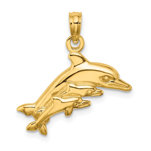 14k Yellow Gold Dolphin w/2 Baby Dolphins Pendant
