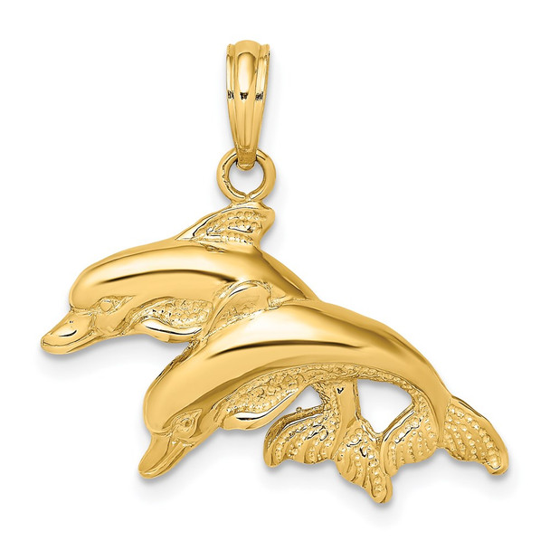 14k Yellow Gold 2-D Polished and Engraved Double Dolphins Pendant