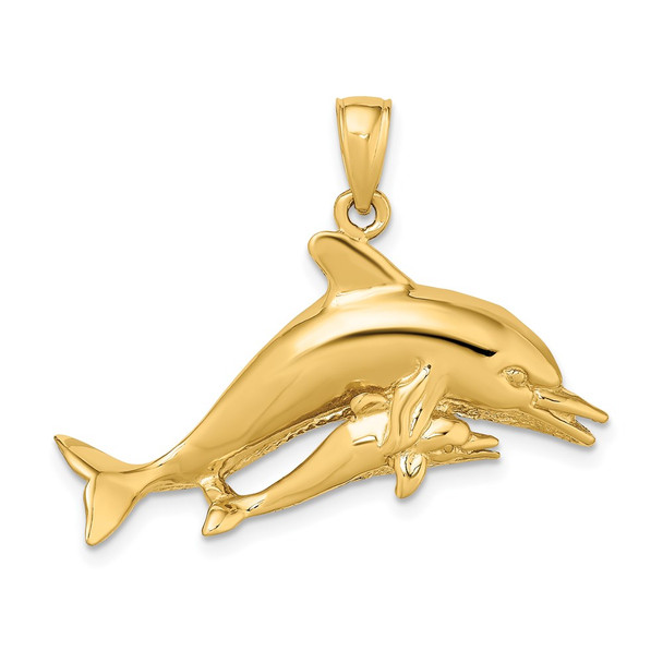 14k Yellow Gold 2-D Two Swimming Dolphins Pendant
