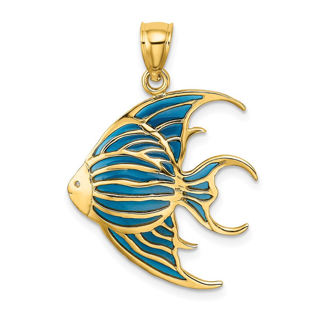 14k Yellow Gold w/Blue Stained Glass Accent Angelfish Pendant