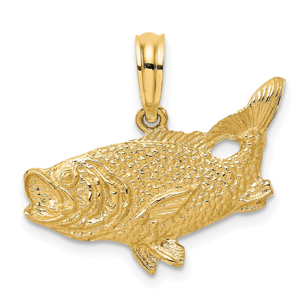 14k Yellow Gold 2-D Bass Fish w/Tail Up Pendant