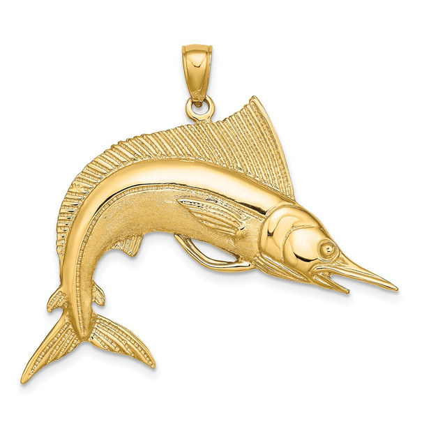 14k Yellow Gold 2-D Polished and Satin Striped Marlin Pendant