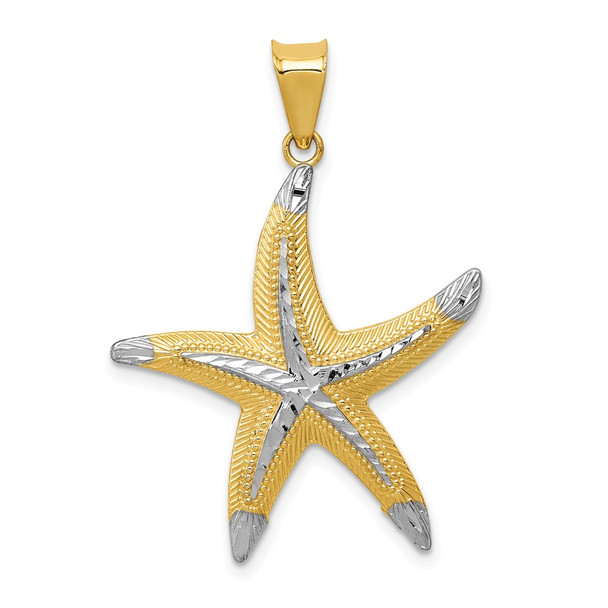 Mens 14k Yellow Gold And Rhodium Diamond-Cut Polished Starfish Pendant