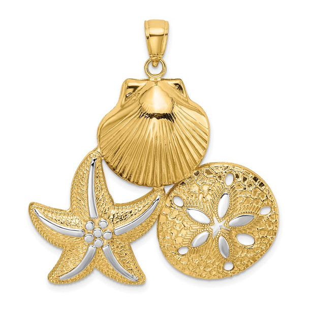 14k Yellow Gold and Rhodium Scallop, Starfish and Sand Dollar Cluster Pendant