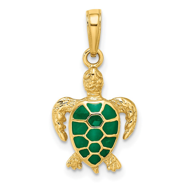 14k Yellow Gold Green Enameled Sea Turtle Pendant K3309GN