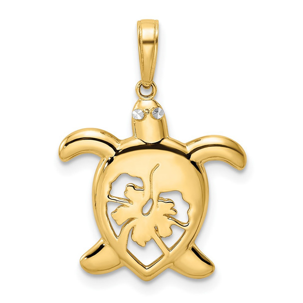 14k Yellow Gold and White Rhodium Diamond-cut Floral Turtle Pendant