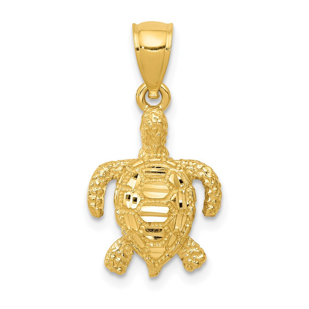 14k Yellow Gold Polished and Textured Diamond-cut Sea Turtle Pendant