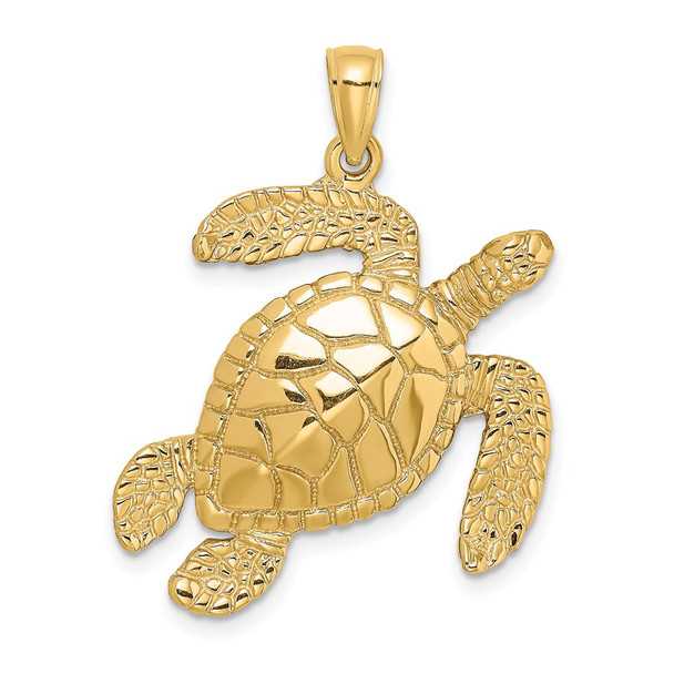 14k Yellow Gold Large Textured Swimming Sea Turtle Pendant