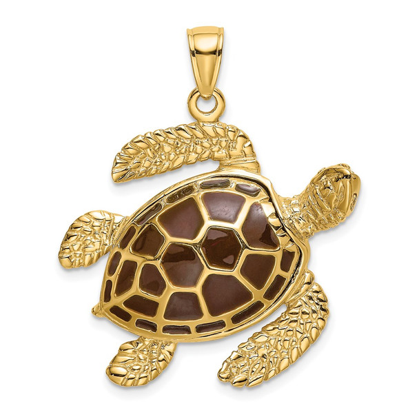 14k Yellow Gold 3-D Brown Enamel Large Sea Turtle Pendant
