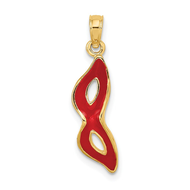 14k Yellow Gold 3-D and Beveled w/ Red Enamel Masquerade Mask Pendant
