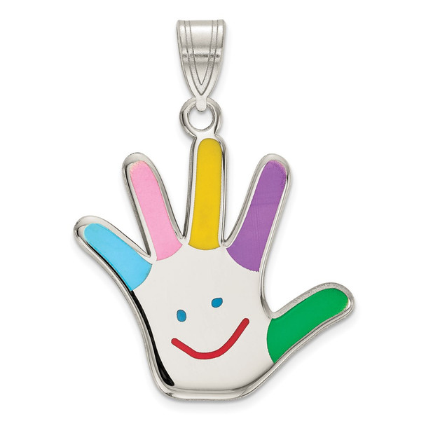 Rhodium-Plated Sterling Silver Enamel Autism w/Happy Face Handprint Pendant