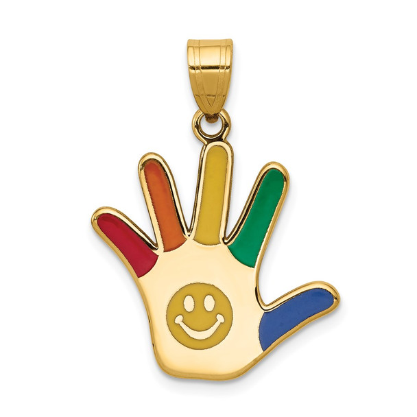 14k Yellow Gold Enameled Autism w/Smiley Face Handprint Pendant