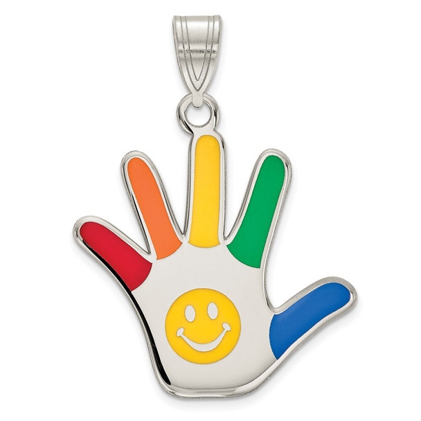 Rhodium-Plated Sterling Silver Enamel Autism w/Smiley Face Handprint Pendant