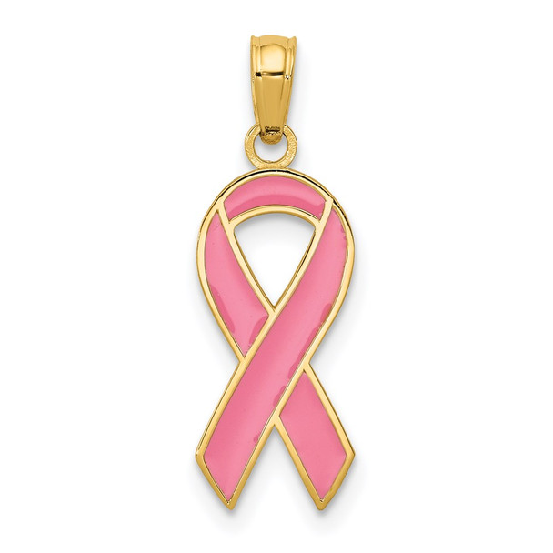 14k Yellow Gold Pink Enameled Awareness Ribbon Pendant