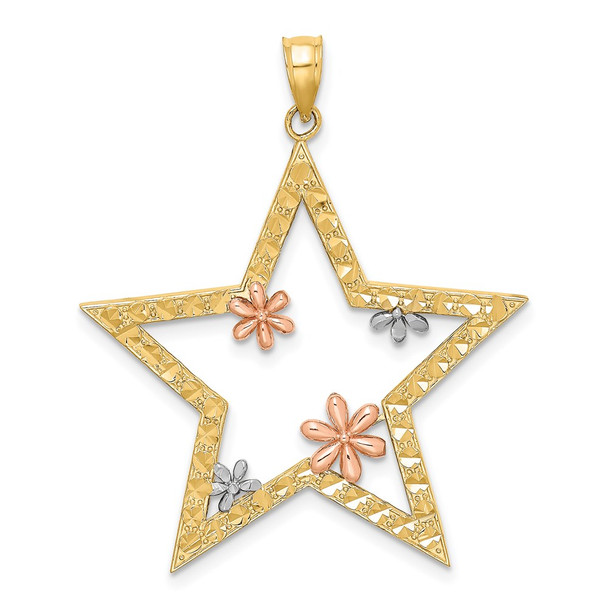 14k Yellow and Rose Gold w/Rhodium Star w/Flowers Pendant
