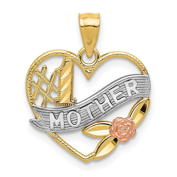 14k Yellow and Rose Gold w/Rhodium Diamond-cut #Mother in Heart w/Rose Pendant