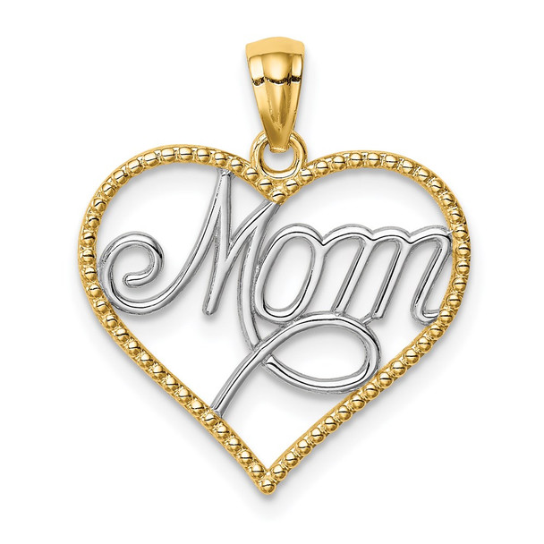 14k Yellow Gold And Rhodium Mom In Heart Pendant