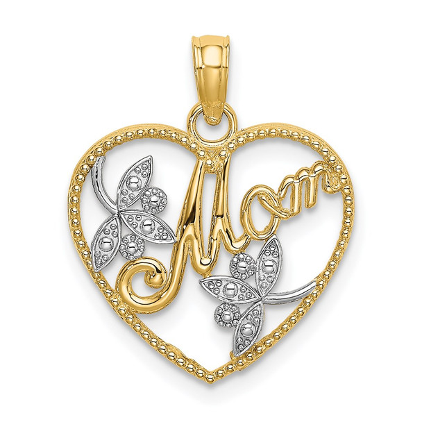 14k Yellow Gold and Rhodium Polished Beaded Heart w/Mom Pendant