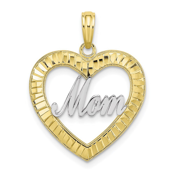 10k Yellow Gold with Rhodium-Plating and Diamond-cut Heart Frame Mom Pendant