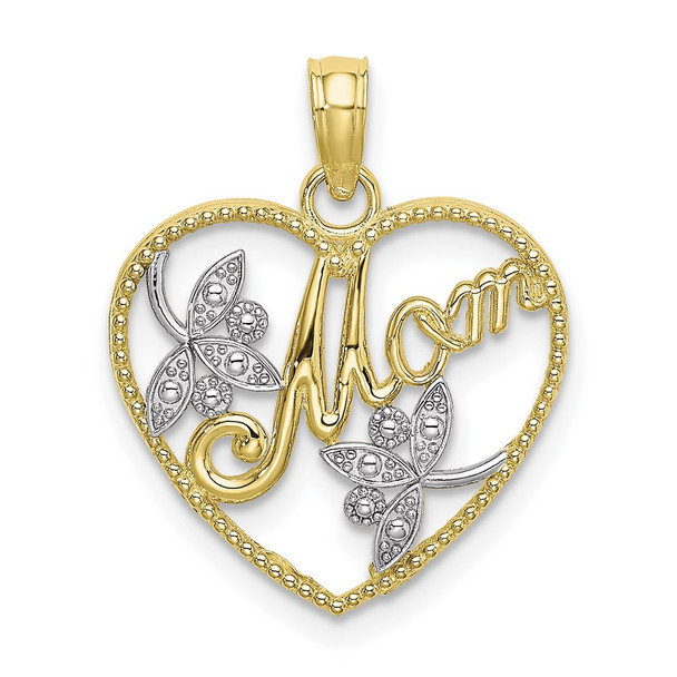10k Yellow Gold with Rhodium-Plating and Polished Beaded Heart w/ Mom Pendant