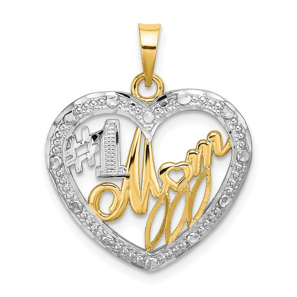 14k Yellow Gold And Rhodium Bead Trim #1 Mom In Heart Pendant