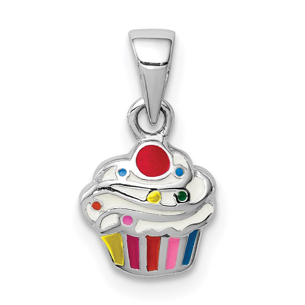 Sterling Silver Rhodium-plated Childs Enameled Cupcake Pendant
