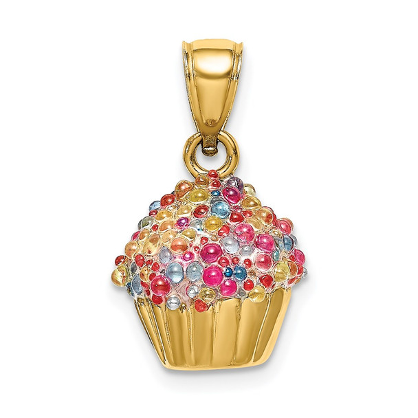 14k Yellow Gold 3-D Cupcake Pendant w/Colored Bead Icing