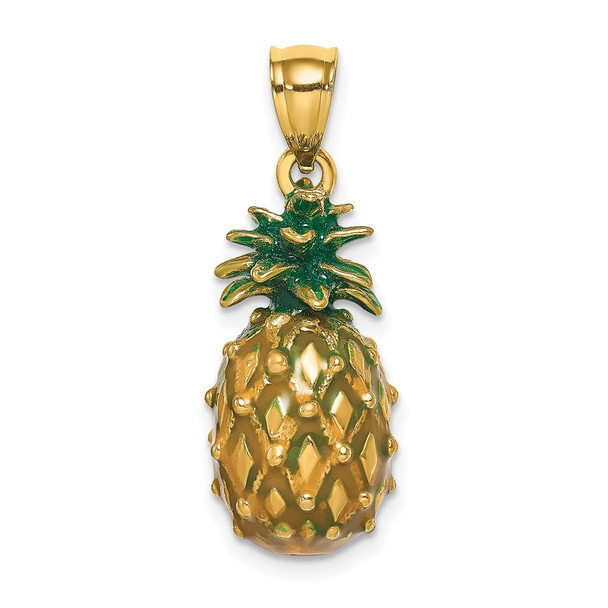 14k Yellow Gold Enamel and Polished 3-D Pineapple Pendant