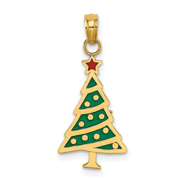 14k Yellow Gold Enamel Green Christmas Tree w/Red Star Pendant