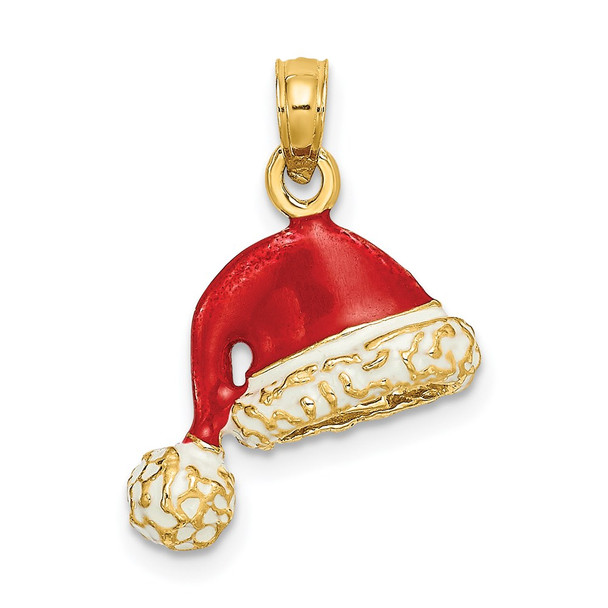 14k Yellow Gold 3-D w/ Red and White Enamel Santa Hat Pendant