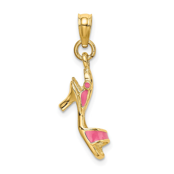 14k Yellow Gold 3-D Pink Enamel Open Toe High Heel Pendant