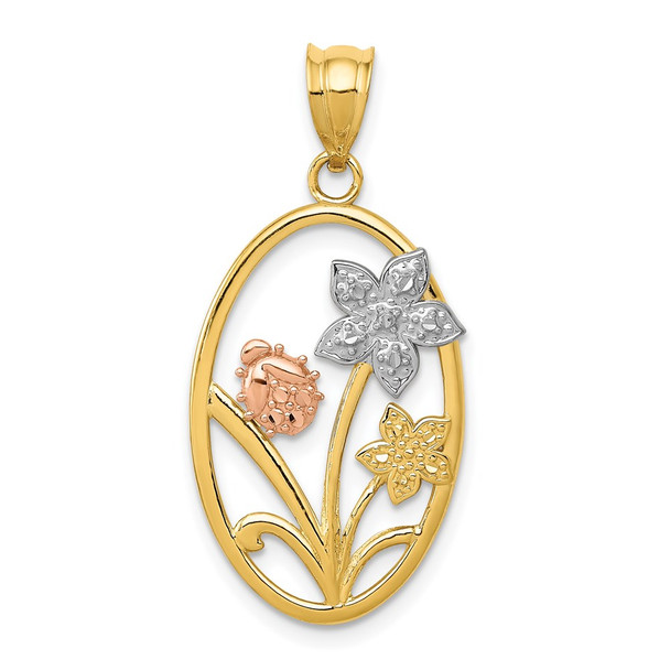 14k Yellow and Rose Gold with Rhodium Diamond-cut Oval Floral Pendant