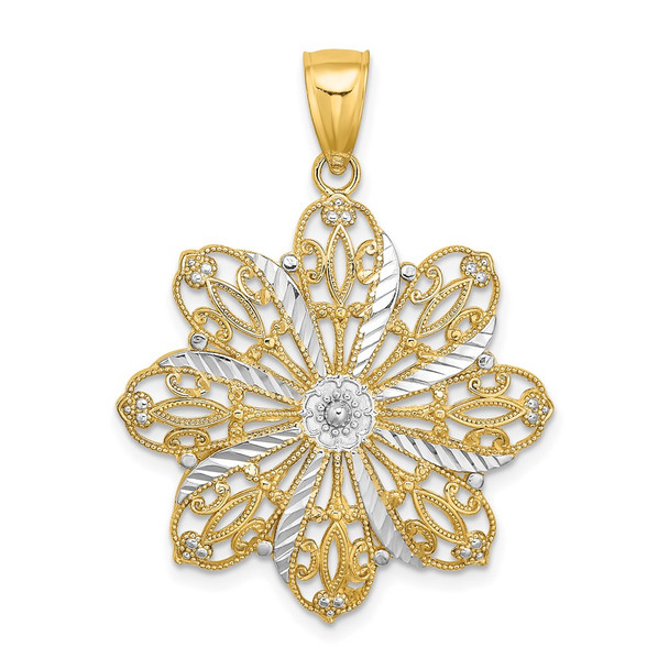 14k Yellow Gold w/Rhodium-Plated Diamond-cut Flower Pendant