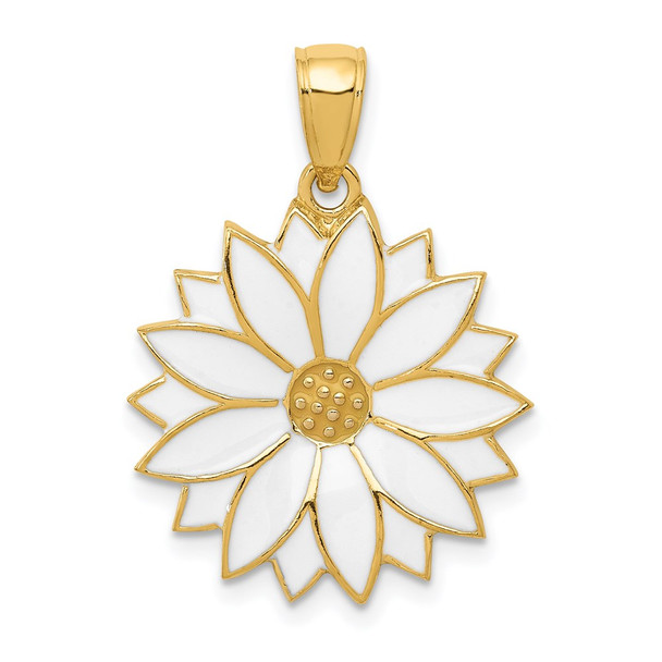 14k Yellow Gold Enameled White Daisy Flower Pendant