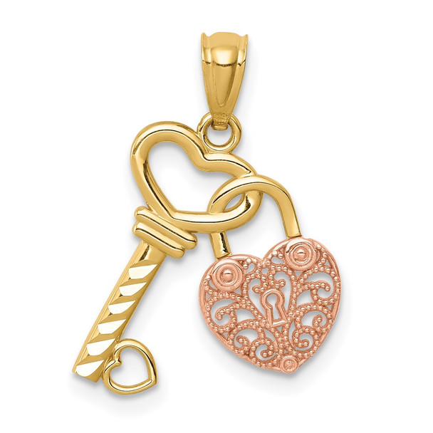 14k Two-tone Gold Polished Filigree Heart Lock and Diamond-cut Key Pendant