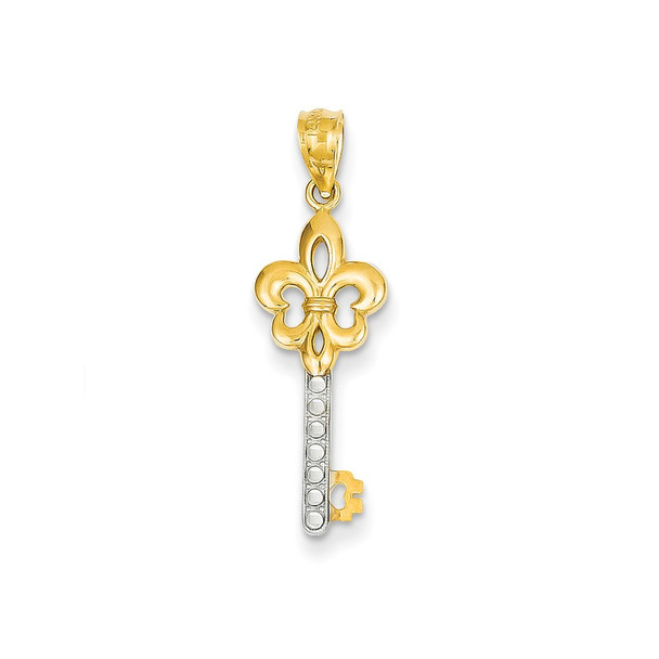 14k Yellow Gold and White Rhodium Polished Fleur De Lis Key Pendant