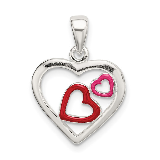 Sterling Silver Polished and Enameled Hearts Pendant