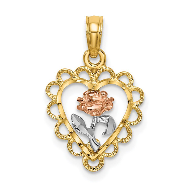 14k Yellow and Rose Gold with Rhodium Heart w/ Rose and Lace Trim Pendant