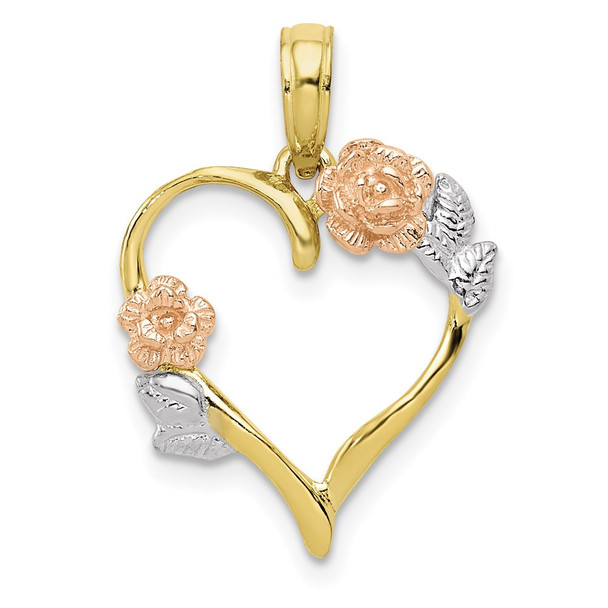 10k Yellow and Rose Gold with White Rhodium Polished Flower Heart Pendant