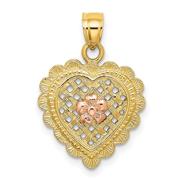 14k Yellow and Rose Gold Flower In Heart Basket Pendant