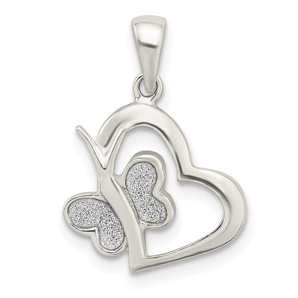 Sterling Silver Polished Glitter Enamel Heart w/Butterfly Pendant