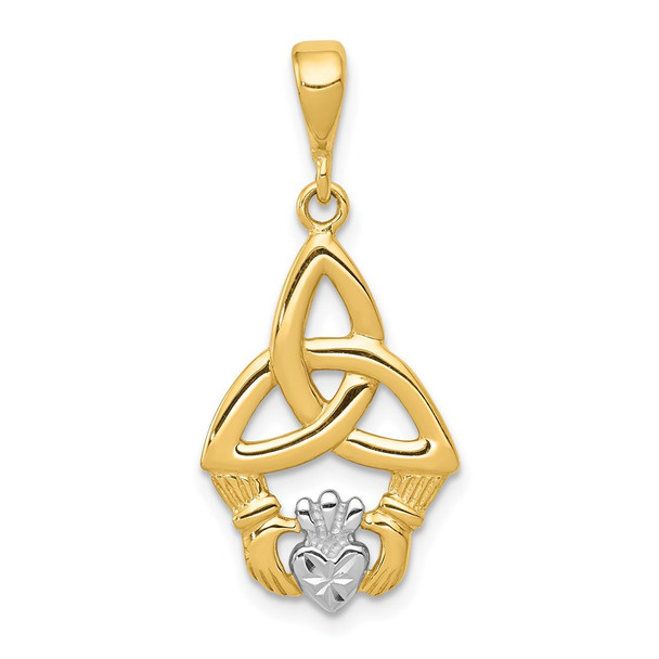 14k Yellow Gold And Rhodium Diamond-Cut Claddagh Pendant