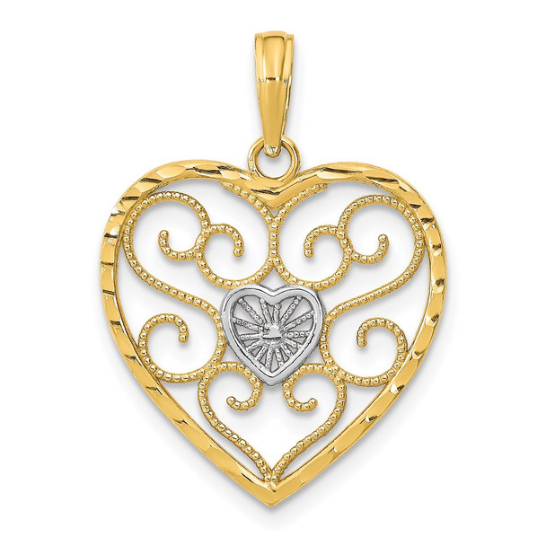 14k Yellow Gold w/Rhodium-Plated Filigree Beaded Heart Pendant